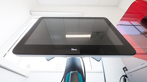 Close up of a screen on a wheeled monitor