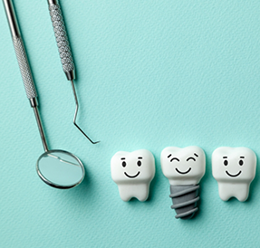 Illustration of a smiling dental implant between two teeth