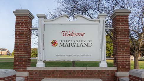 Sign reading Welcome to the University of Maryland